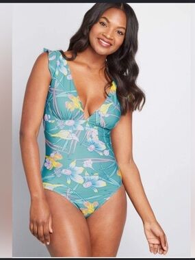 ModCloth Kelsie V Neckline One Piece Swimsuit Floral Teal Modest NWOT